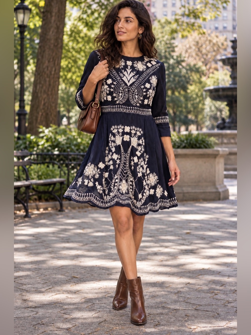 French Connection Navy Ivory Embroidered Folk Mini Dress US 2